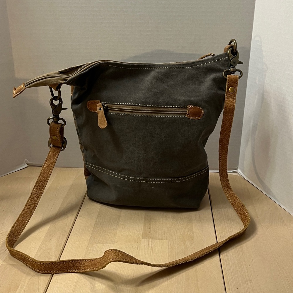 Myra Bag S-1305 Crossbody Leaf Print Canvas Bag w/ Leather Trim & Gold Bike Pin - Picture 3 of 16
